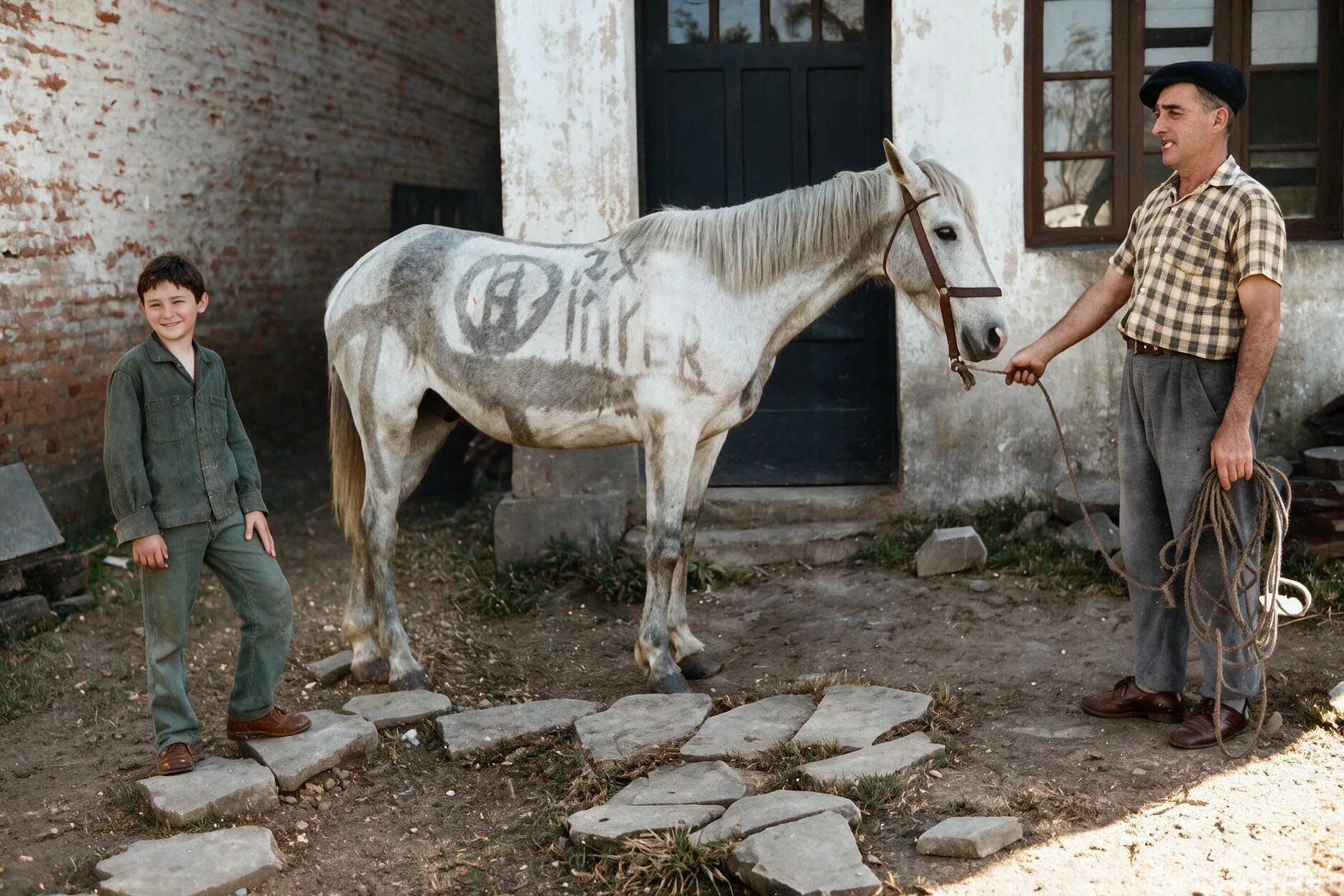 Foto restaurada e colorizada de um menino e um homem ao lado de um cavalo