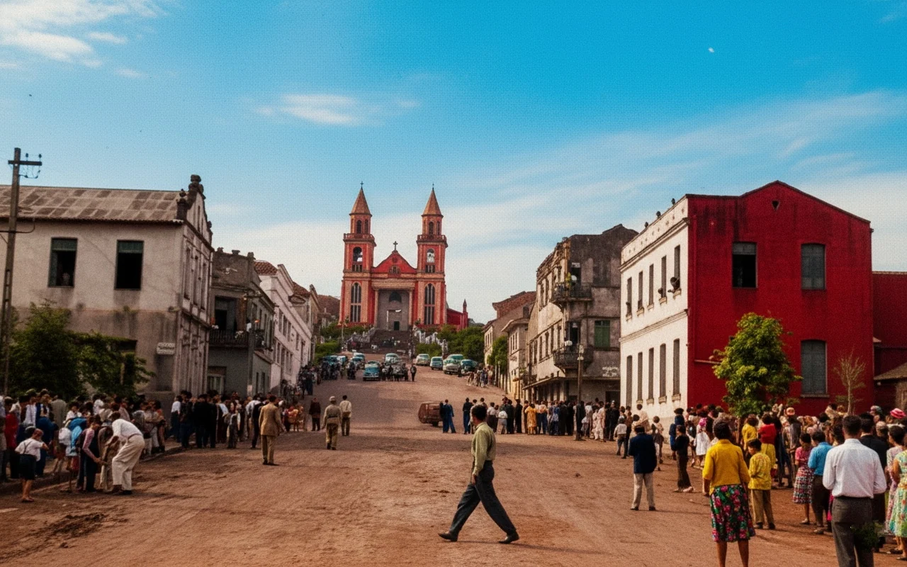 Foto restaurada e colorizada: Rua Central Com Igreja
