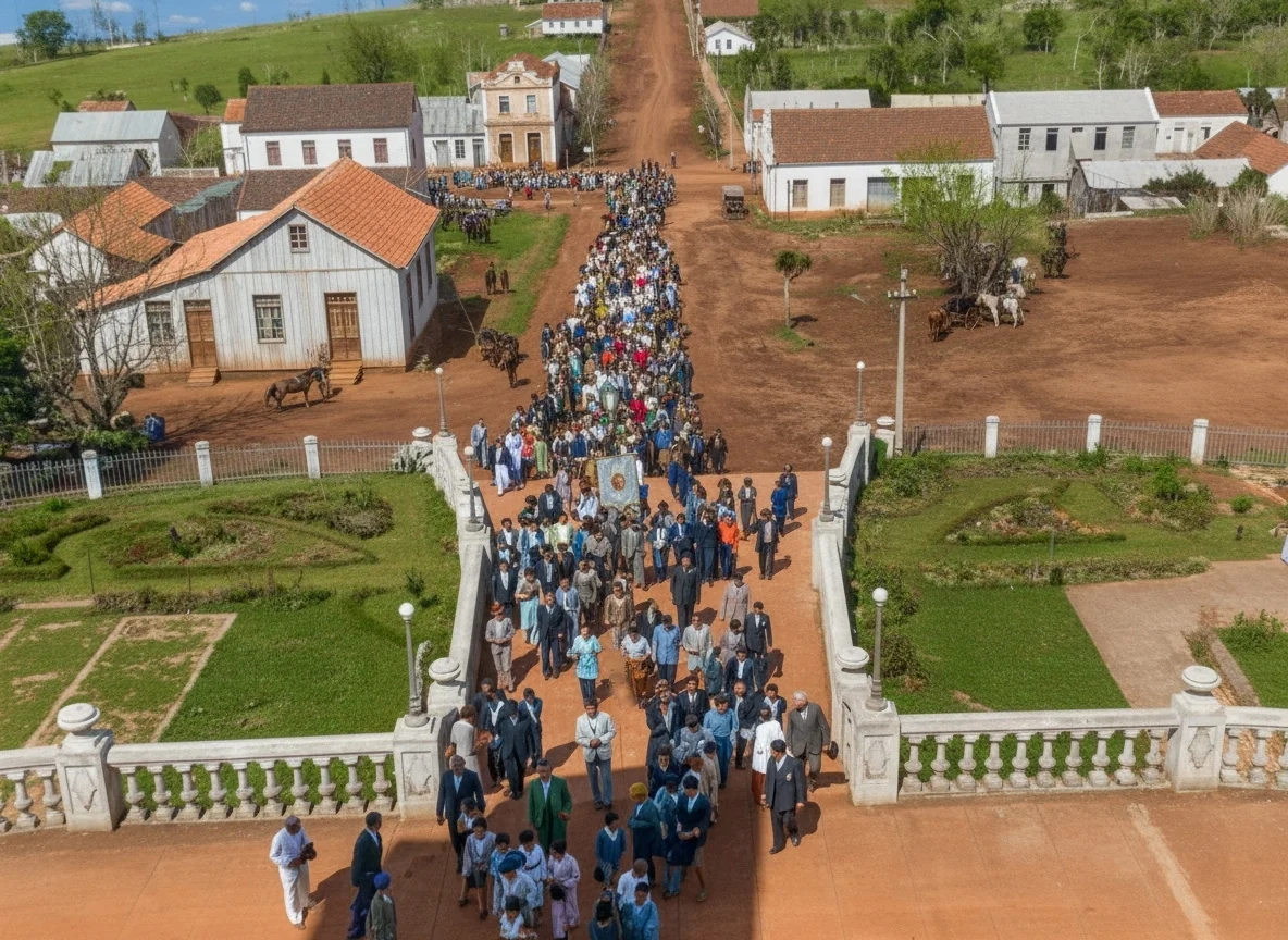 Foto restaurada e colorizada: Procissao No Cemiterio