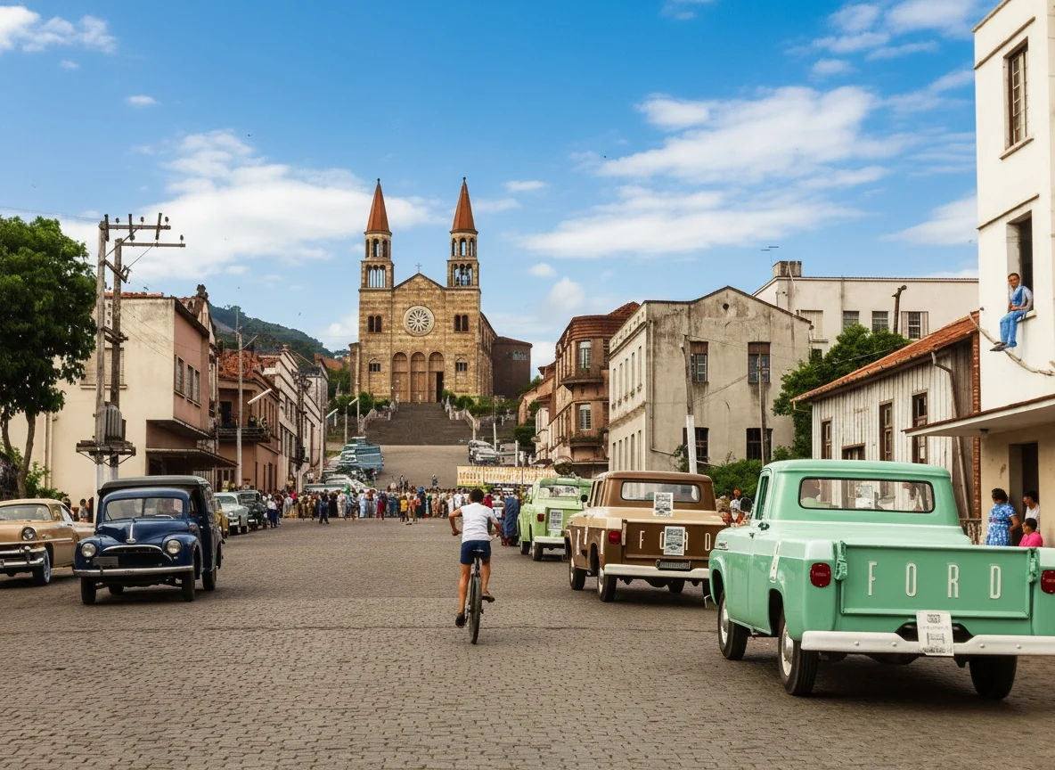 Foto restaurada e colorizada: Avenida Com Catedral