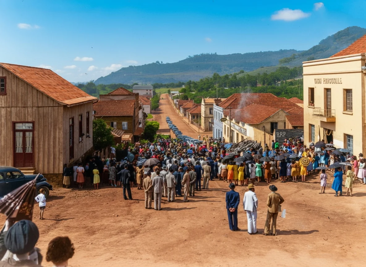Foto restaurada e colorizada: Celebracao Em Frente A Igreja