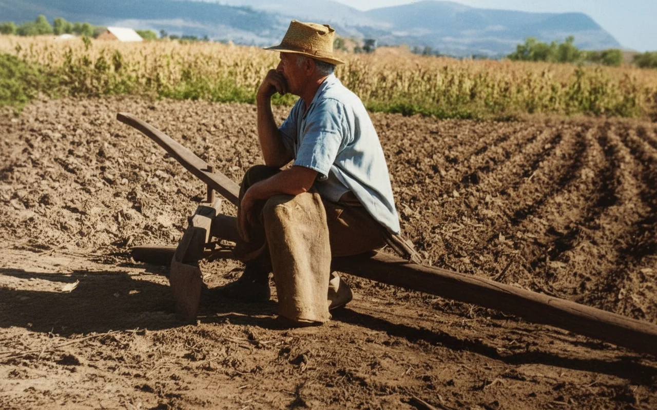 Foto restaurada e colorizada: Agricultor Arando A Lavoura