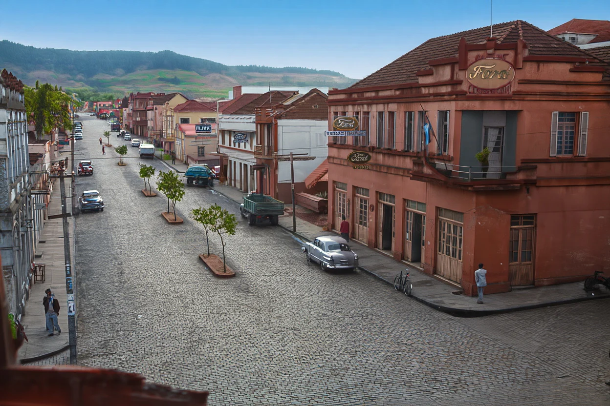Foto restaurada e colorizada: Rua Central Com Onibus