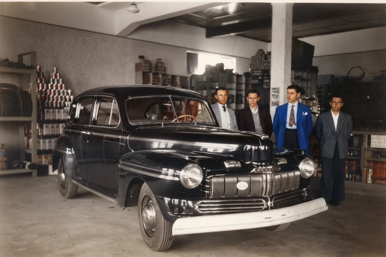 Foto restaurada e colorizada: Automovel Em Concessionaria
