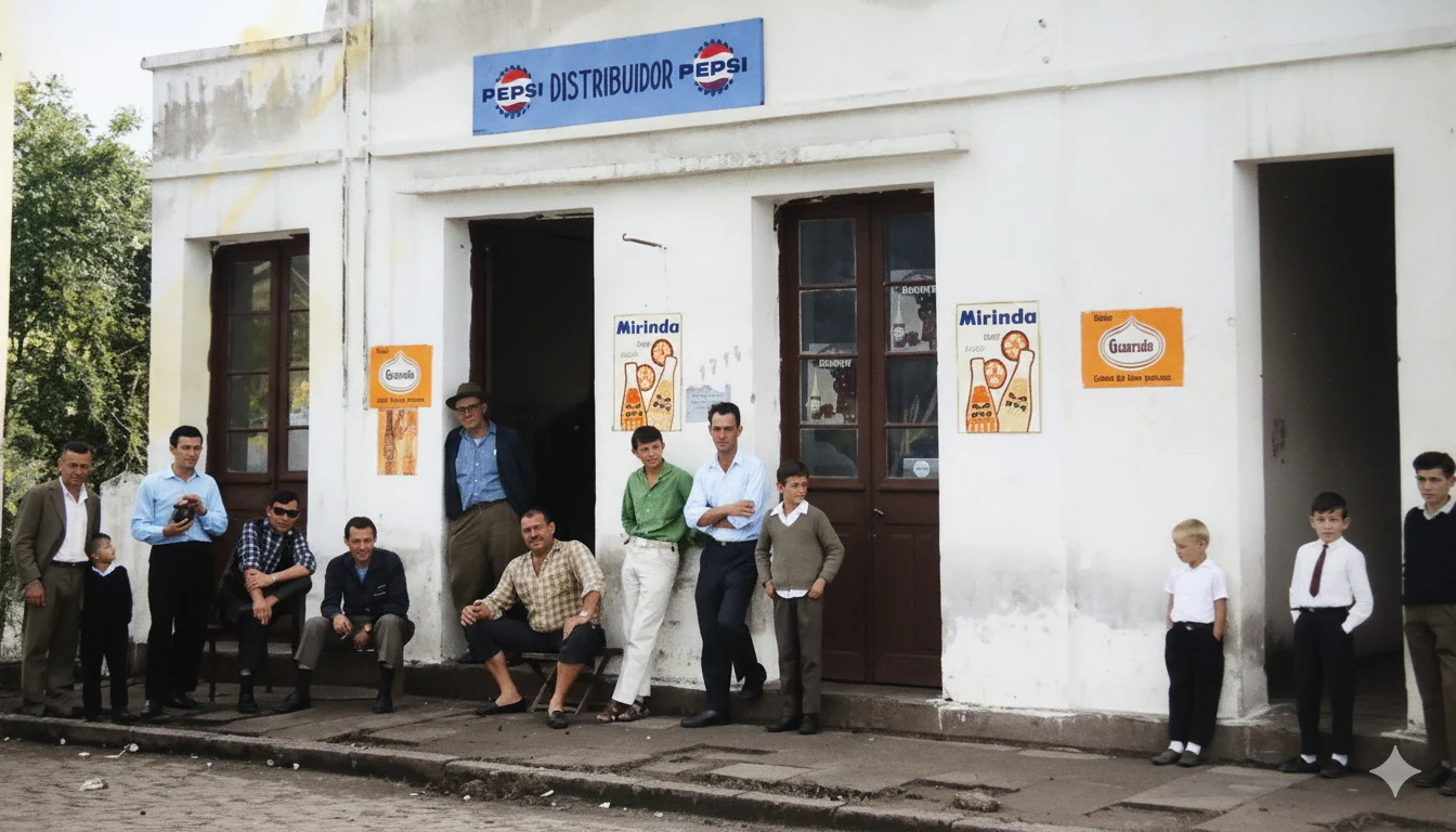 Foto restaurada e colorizada: Grupo Em Frente A Comercio
