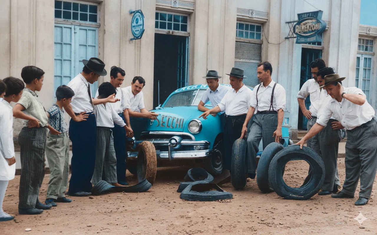 Foto restaurada e colorizada: Vendedores Com Carro Antigo