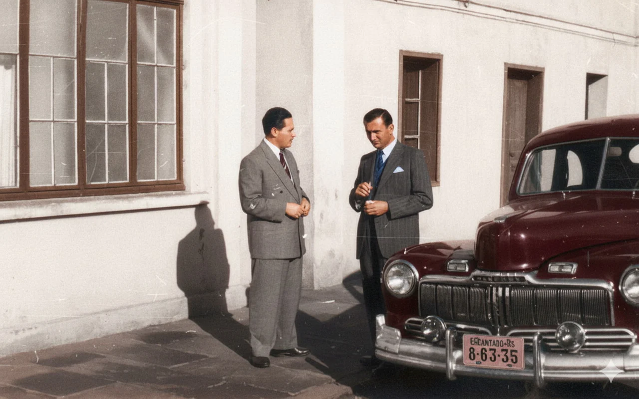Foto restaurada e colorizada: Homens Ao Lado De Automovel