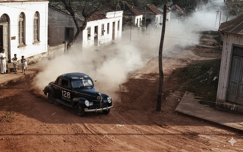 Foto restaurada e colorizada: Automovel Em Rua Empoeirada