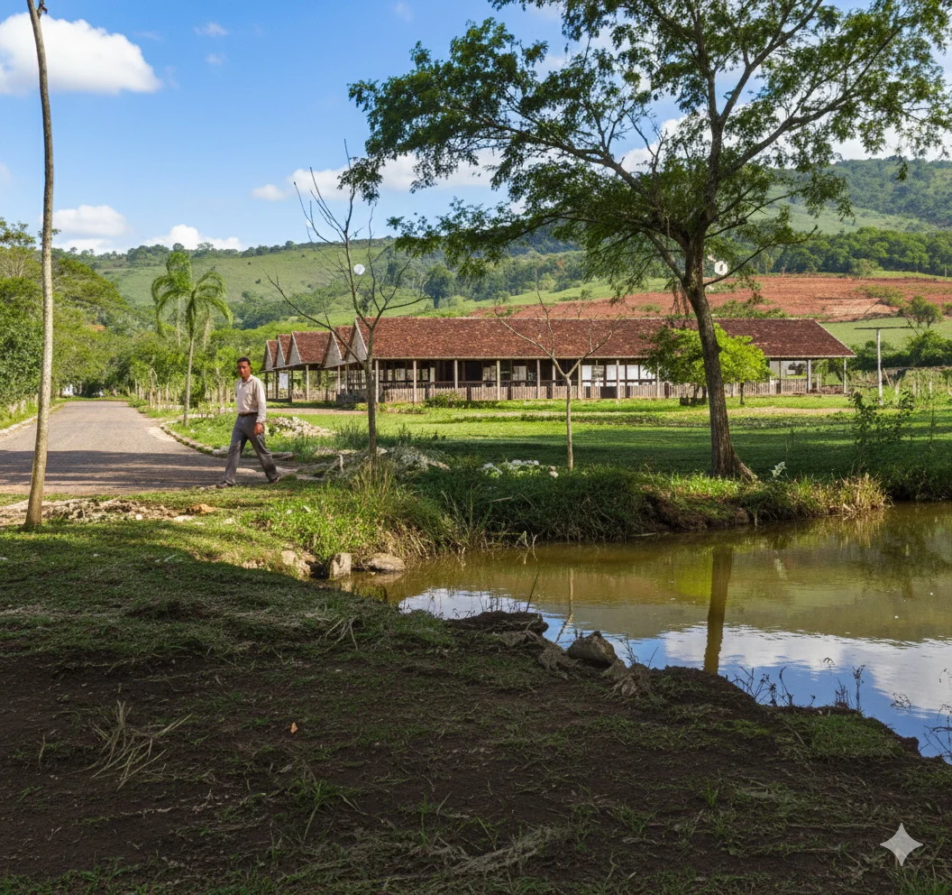Foto restaurada e colorizada: Lagoa Com Paisagem Rural