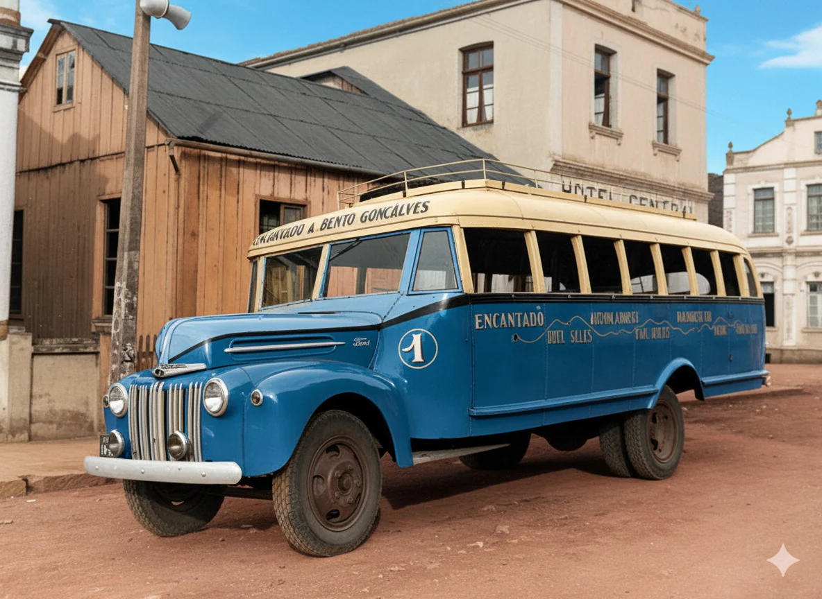 Foto restaurada e colorizada: Onibus Antigo Na Rua