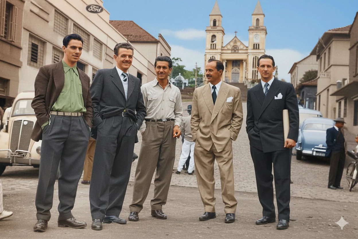Foto restaurada e colorizada: Homens Na Praca Central