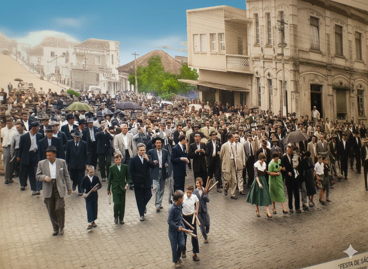 Foto restaurada e colorizada: Multidao Em Desfile