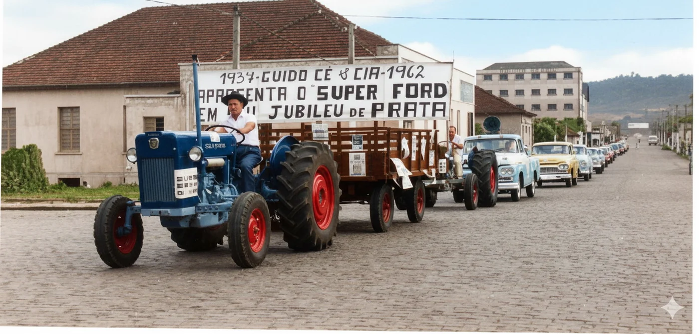 Foto restaurada e colorizada: Trator Em Evento Publico